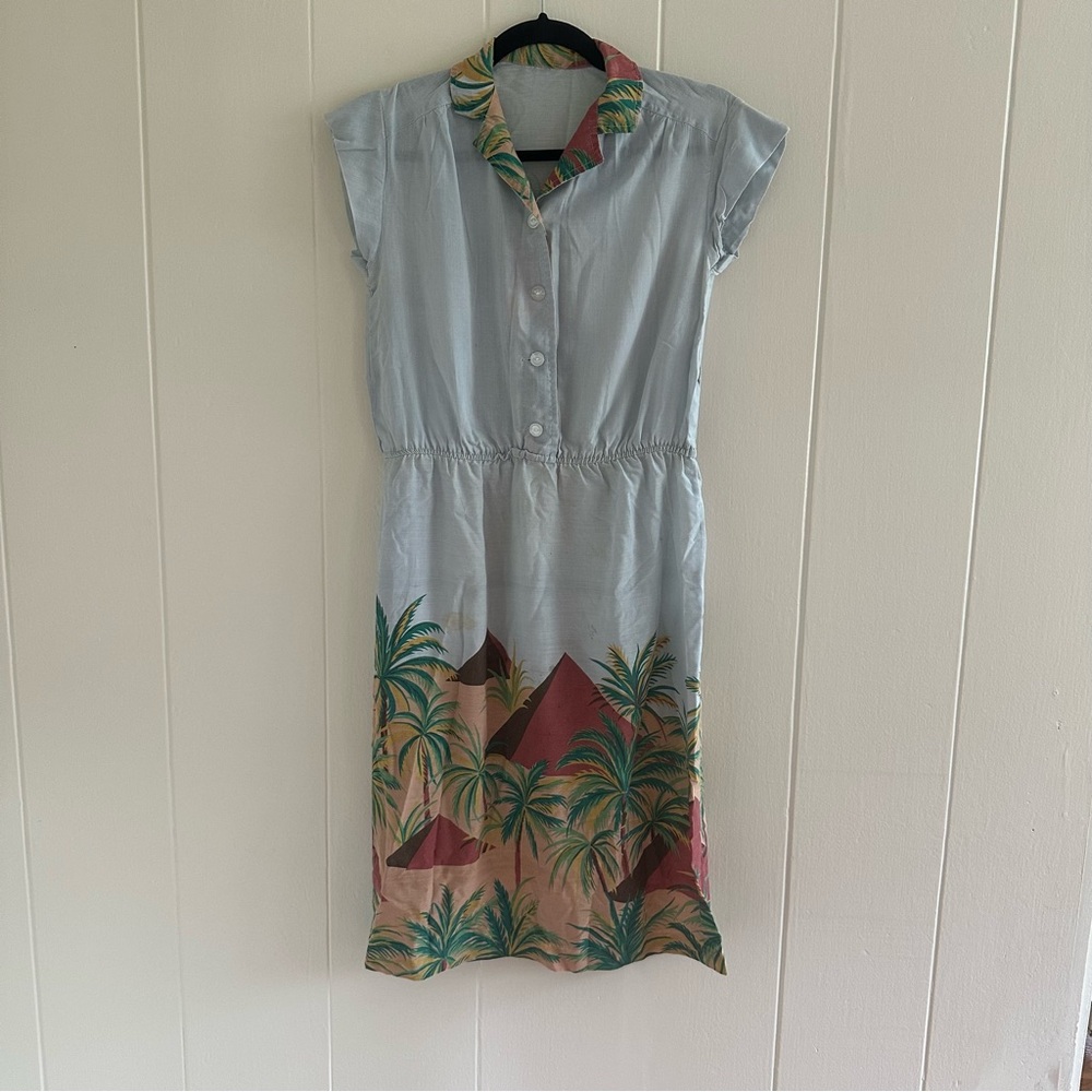 Vintage Tropical Pyramid Print Blue Dress